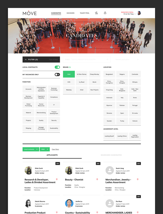 the final page layout for H&M's bespoke internal mobility platform: MOVE